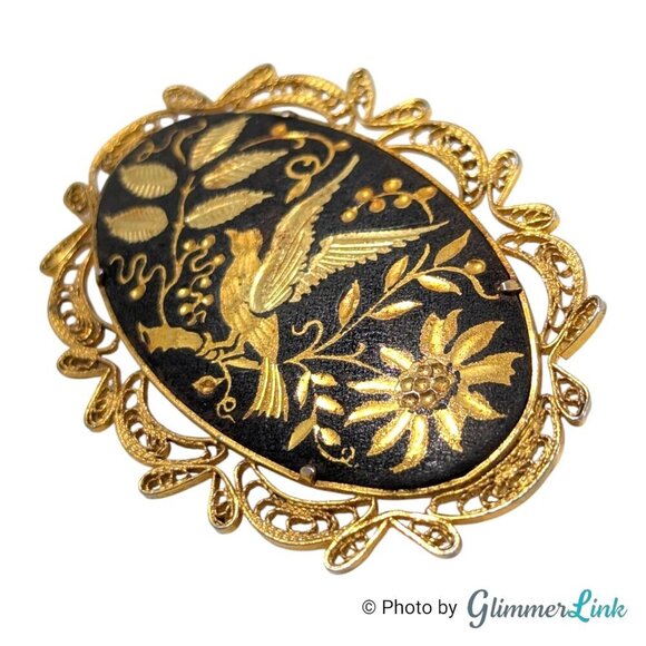 Vintage Oval Damascene Filigree Floral Bird Trombone Clasp Gold Tone Brooch - Picture 3 of 7